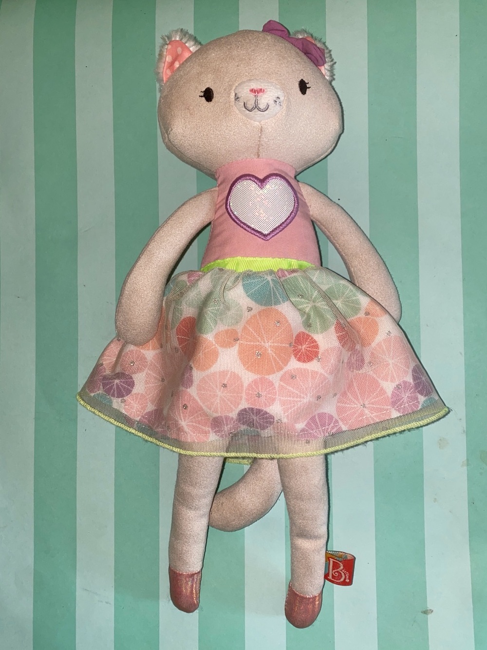 Plush Cat Doll with Heart Applique and Pastel Floral Skirt